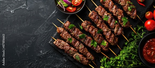Wallpaper Mural Top view of traditional Caucasian lula kebab made from minced beef on skewers, served on a black concrete surface with sauces, tomatoes, and vegetable salad, providing ample copy space image. Torontodigital.ca