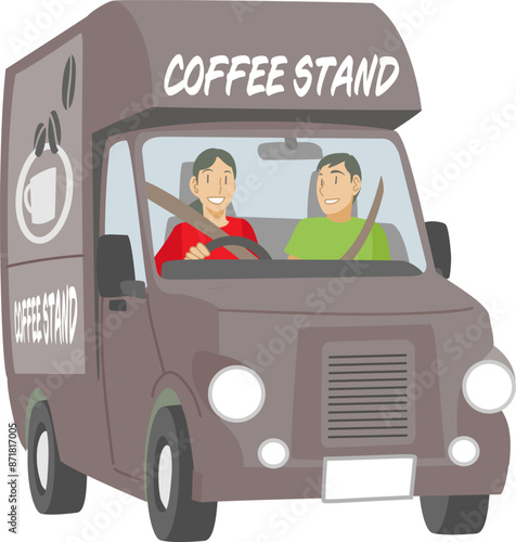 コーヒー販売のキッチンカーを運転する夫婦のイラスト