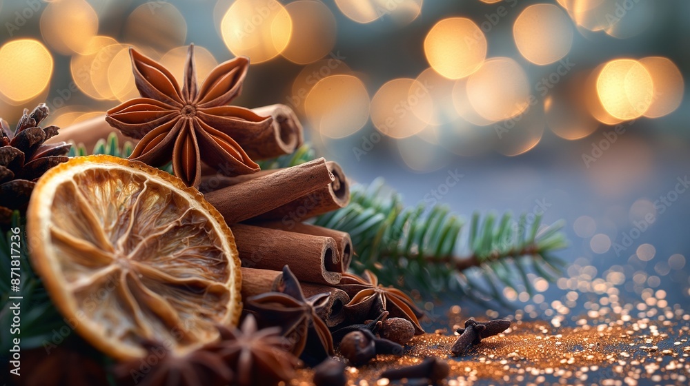 Festive Holiday Spices and Citrus with Warm Bokeh Lights Festive Holiday Spices and Citrus with Warm Bokeh Lights