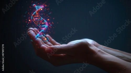 DNA spirals manifesting from a hand close up, focus on, copy space Radiant and dynamic hues Double exposure silhouette with molecular creation