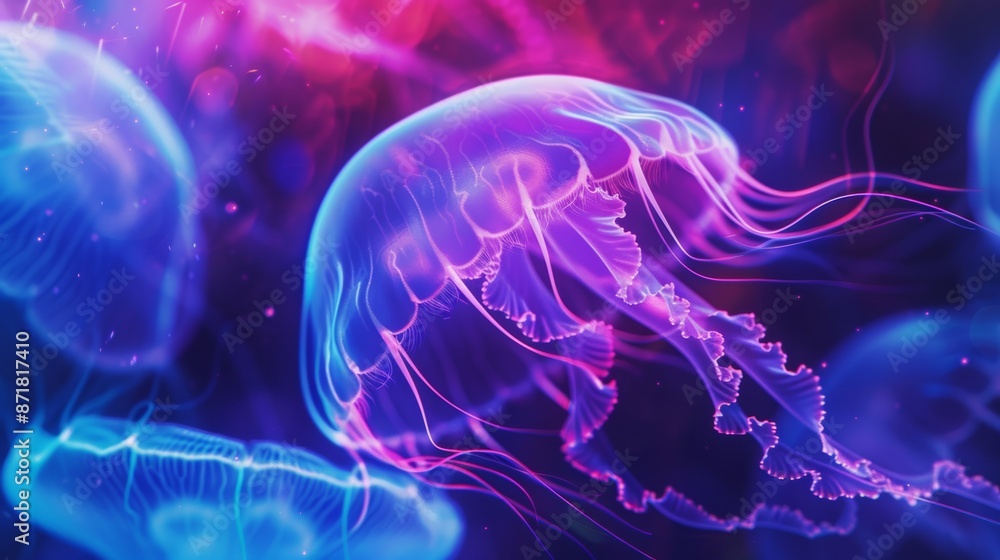 Obraz premium dreamy fantasy jellyfish motion blur, neon dark purple blue magenta color, abstract art marine creature banner