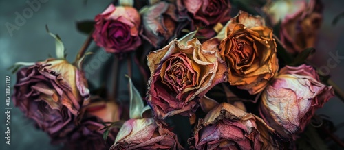 Fototapeta Naklejka Na Ścianę i Meble -  Dried flower bouquet with many faded roses in a copy space image.