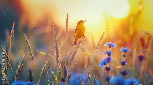 Fototapeta Naklejka Na Ścianę i Meble -  Small yellow bird sits on grass stalk in wildflower field at sunset