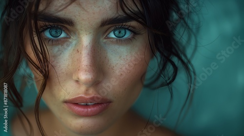An intense portrait of a young woman, her haunting eyes reflecting a deep vulnerability.
