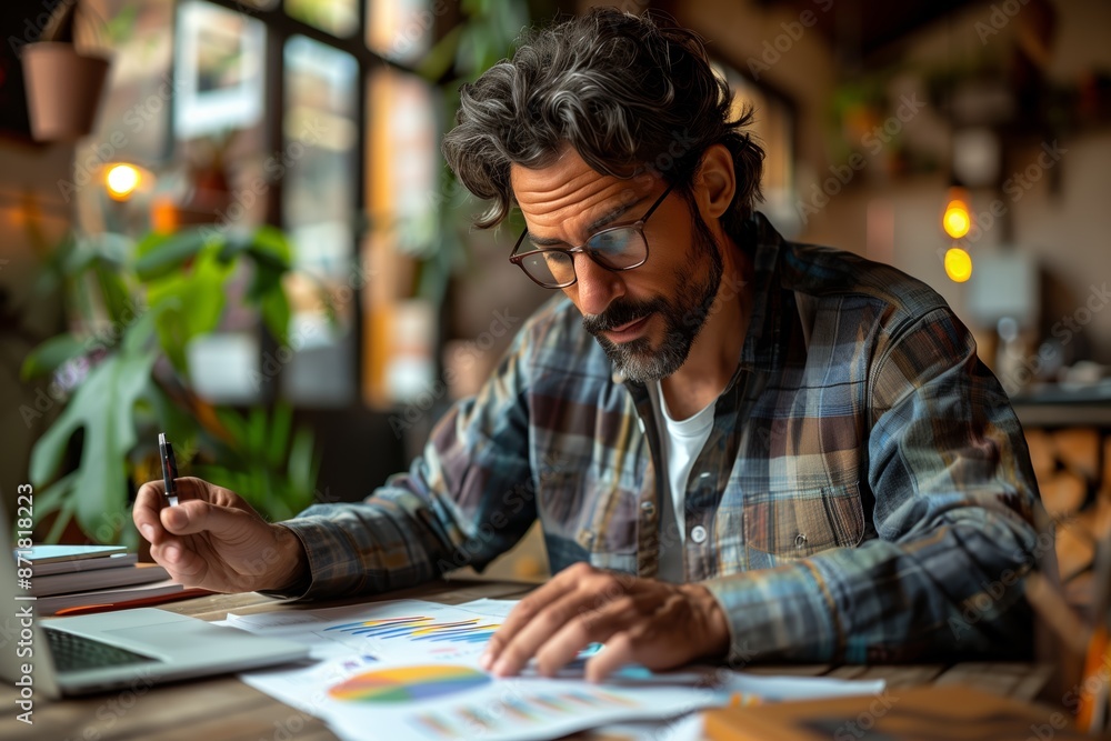 Man Reviews Charts and Data at a Coffee Shop Table Man Reviews Charts and Data at a Coffee Shop Table