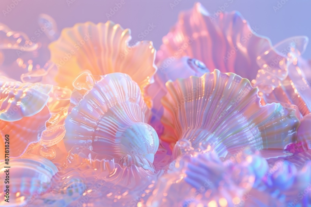 fluorescent shells and corals 3d translucent dreamy pastel peach color lilac color fluorescent shells and corals 3d translucent dreamy pastel peach color lilac color