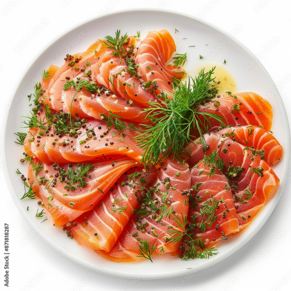 A plate of Swedish gravlax, cured salmon served with a mustard-dill sauce, garnished with fresh dill, isolated on white background. A plate of Swedish gravlax, cured salmon served with a mustard-dill sauce, garnished with fresh dill, isolated on white background.