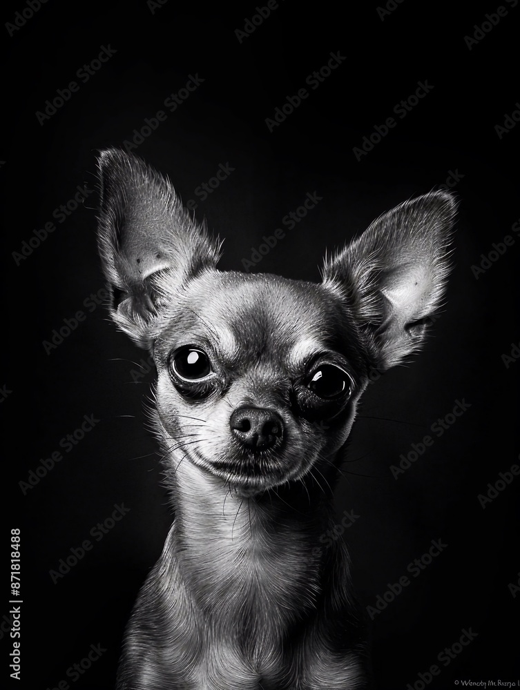 Ripresa frontale di un cane Chihuahua. Foto in bianco e nero Ripresa frontale di un cane Chihuahua. Foto in bianco e nero