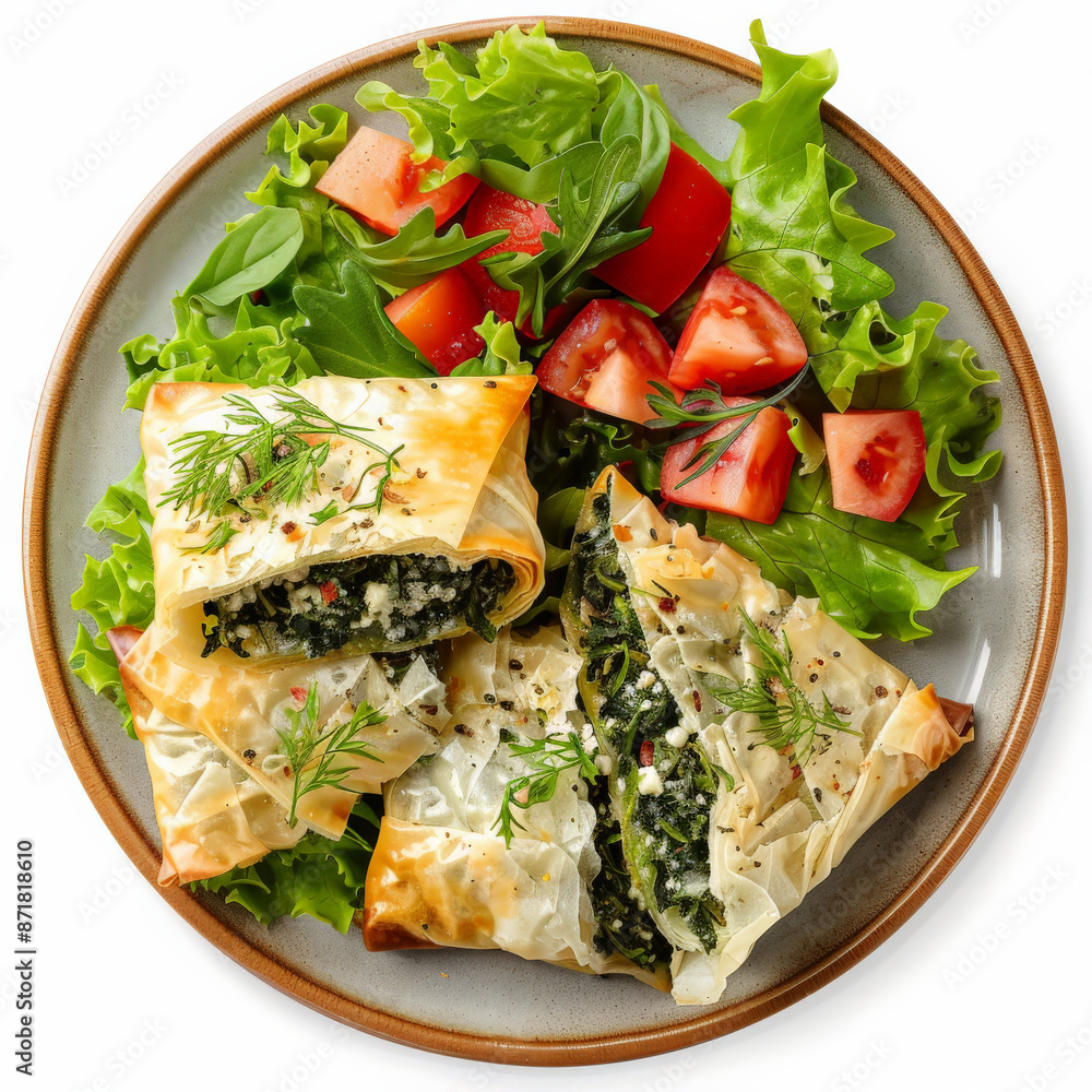 A plate of Greek hortopita, phyllo pastry filled with mixed greens and herbs, isolated on white background. A plate of Greek hortopita, phyllo pastry filled with mixed greens and herbs, isolated on white background.
