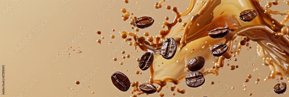 Fototapeta premium Caffè e chicchi di caffè spruzzati su sfondo beige