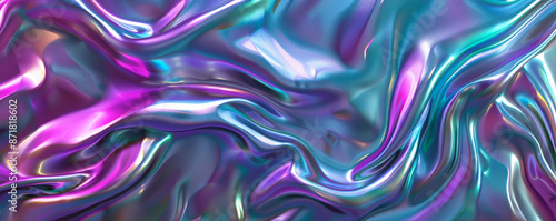 Abstract iridescent background design, 3d render, showcasing fluid, wavy patterns with a mesmerizing blend of purple, blue, and green hues. The surface shimmers with a metallic sheen, creating a