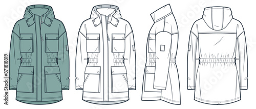 Parka Coat technical fashion Illustration. Winter Jacket fashion flat technical drawing template, front zipper, pocket, hood, front, side and back view, white, green, women, men, unisex CAD mockup set