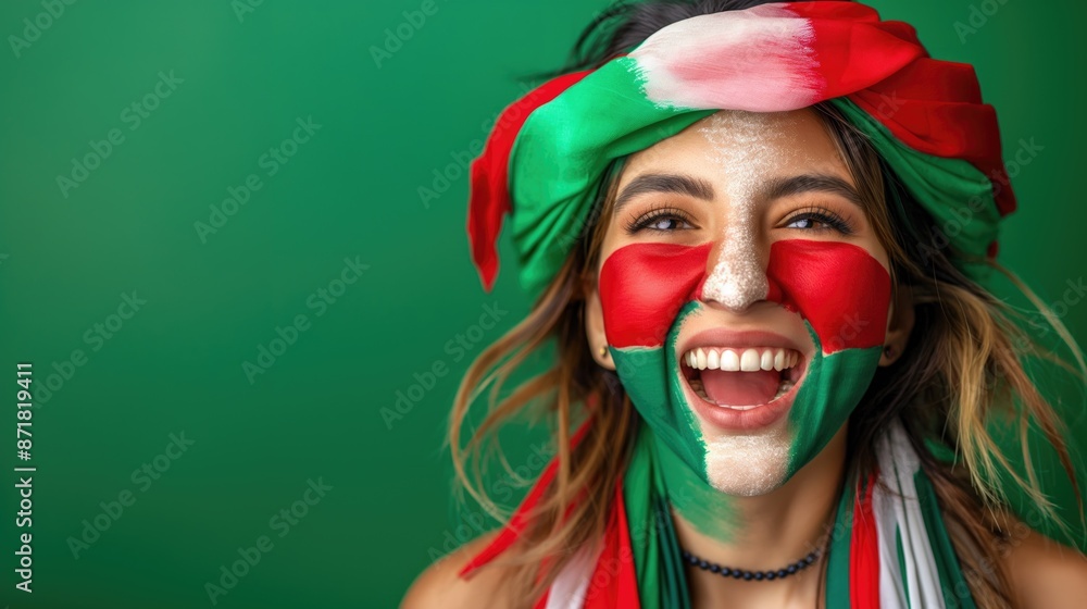 Girl football fan with a painted green, red and white flag on her face emotionally celebrates the victory of her favorite team on a green background. Football and sport concept Girl football fan with a painted green, red and white flag on her face emotionally celebrates the victory of her favorite team on a green background. Football and sport concept