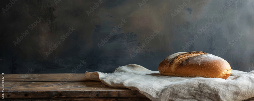 Freshly baked bread on a wooden table with a rustic linen cloth. The background is a simple, dark wall with plenty of room for copy, emphasizing the texture of the bread.