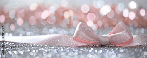 A soft pink ribbon bow on a silver glitter background. The delicate bow adds a touch of sweetness and charm against the shimmering backdrop.