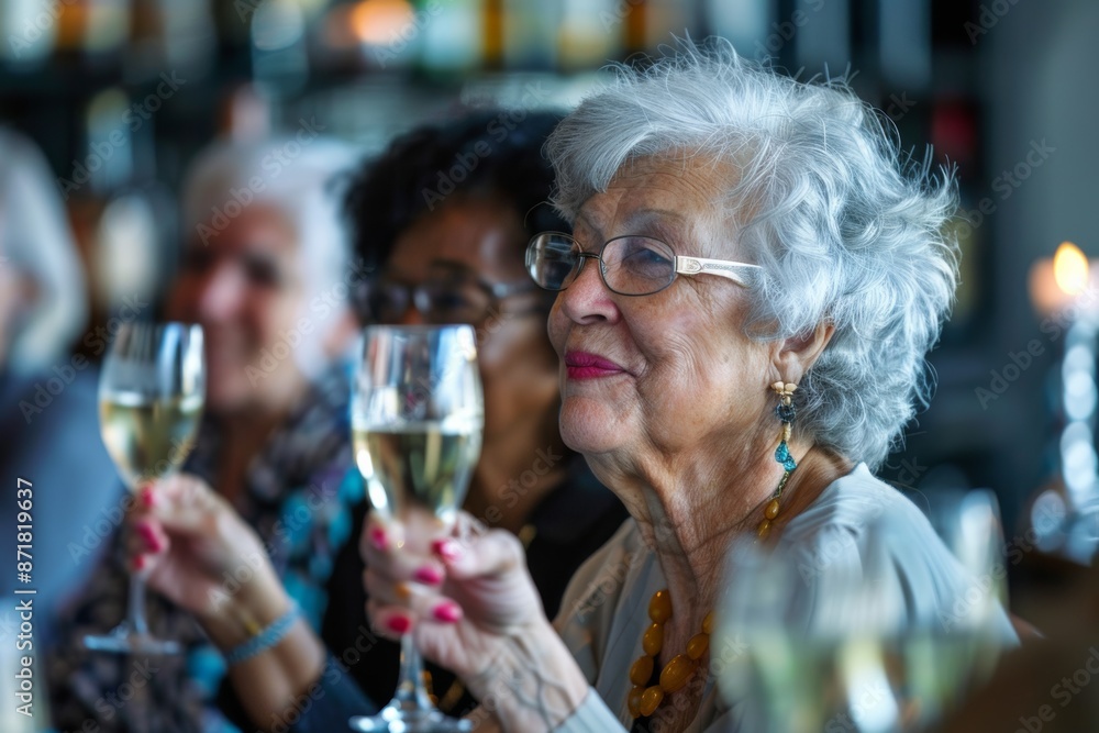 senior diverse women in their 60s drinking wine or champagne at restaurant or hotel bar general view, girls night out party senior diverse women in their 60s drinking wine or champagne at restaurant or hotel bar general view, girls night out party