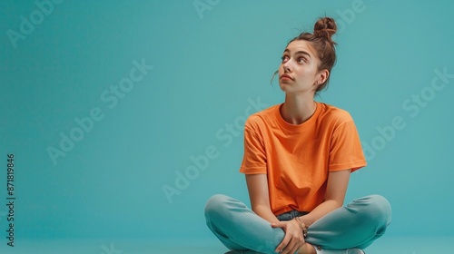 Ragazza vestita con una maglietta arancione seduta sul pavimento con lo sguardo diretto in uno spazio vuoto. Sfondo azzurro  photo