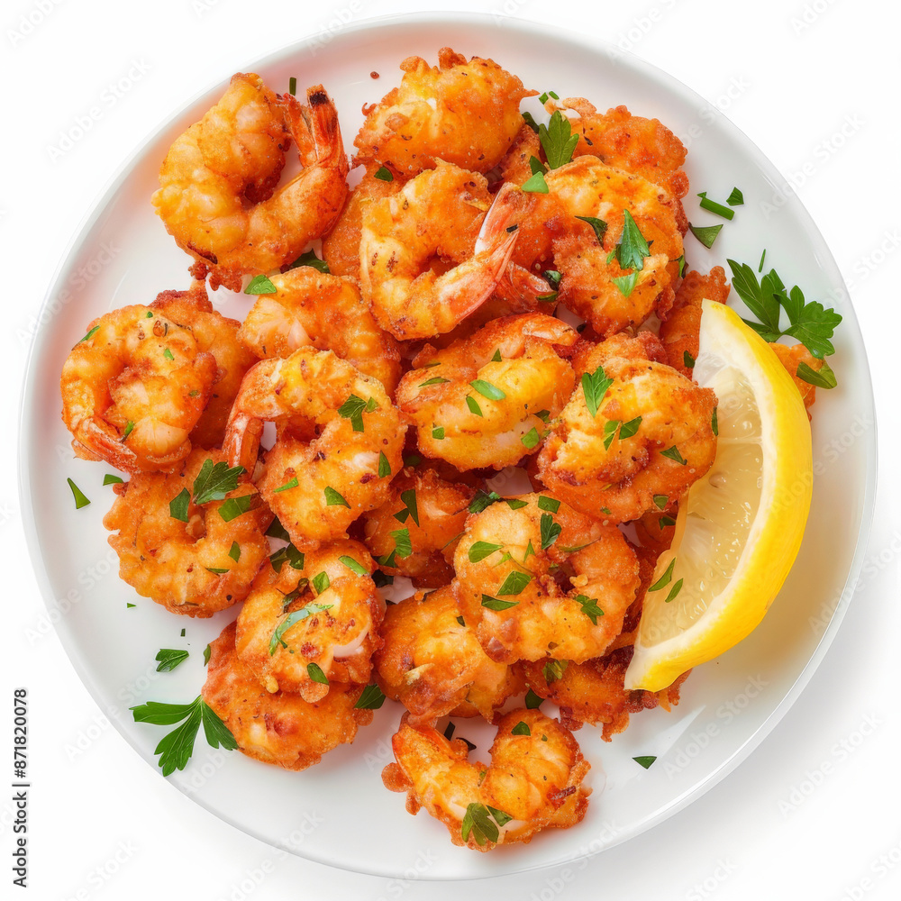A plate of Spanish tortillitas de camarones, crispy shrimp fritters made with chickpea flour, garnished with lemon wedges, isolated on white background. A plate of Spanish tortillitas de camarones, crispy shrimp fritters made with chickpea flour, garnished with lemon wedges, isolated on white background.