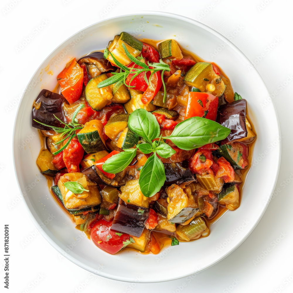 A serving of French ratatouille, a vegetable stew with eggplant, zucchini, tomatoes, and peppers, garnished with fresh herbs, isolated on white background. A serving of French ratatouille, a vegetable stew with eggplant, zucchini, tomatoes, and peppers, garnished with fresh herbs, isolated on white background.