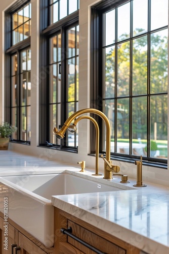 Rubinetto da cucina dorato in una cucina moderna con un ampio lavello e una lunga serie di finestre