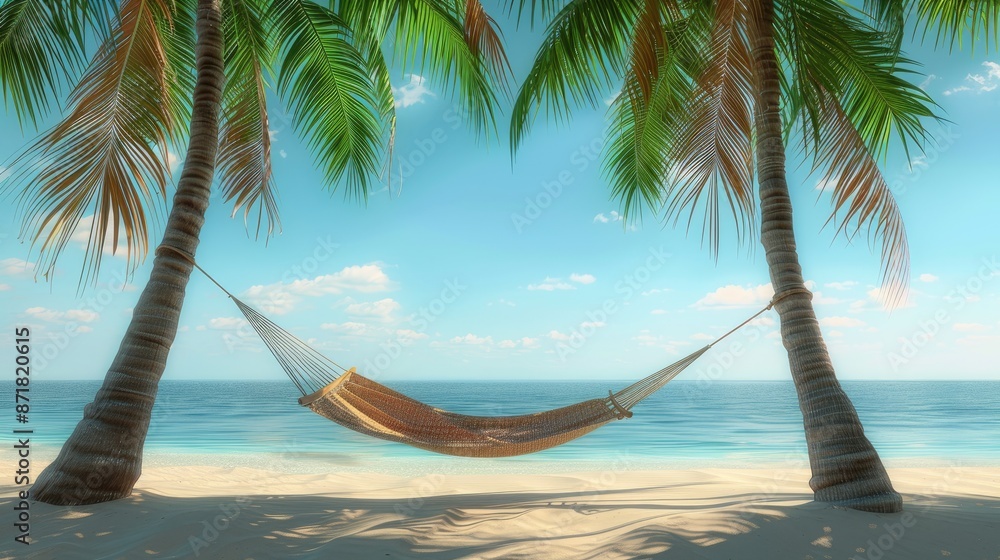Fototapeta premium A beachside hammock between two palm trees with space for text in the sky