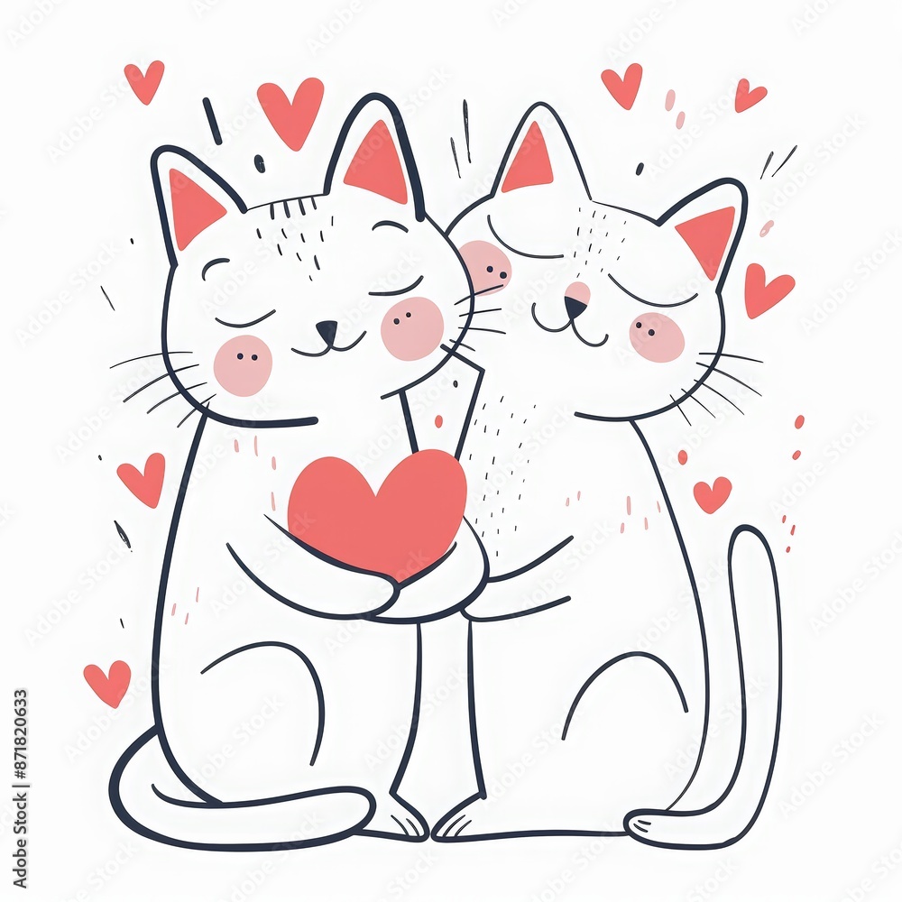 Cat day. Cute cartoon cat couple in love with hearts around on white background, Valentine's Day card with text Cat day. Cute cartoon cat couple in love with hearts around on white background, Valentine's Day card with text
