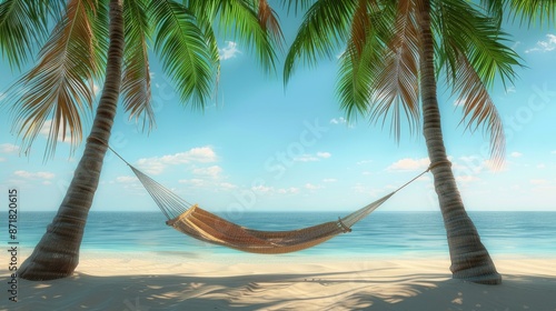 A beachside hammock between two palm trees with space for text in the sky © Lcs