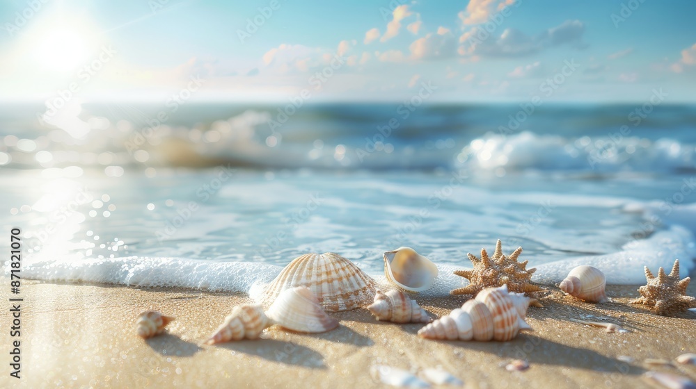 A beautiful beach with seashells and ample space for text. A beautiful beach with seashells and ample space for text.