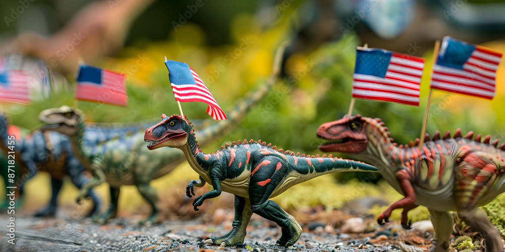 A dinosaur parade with each dinosaur carrying an American flag.
A dinosaur parade with each dinosaur carrying an American flag.