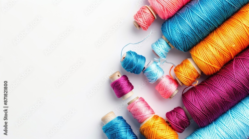 Multicolored sewing threads on white background Array of colorful cotton bobbins with space for text Fashion industry textiles Multicolored sewing threads on white background Array of colorful cotton bobbins with space for text Fashion industry textiles