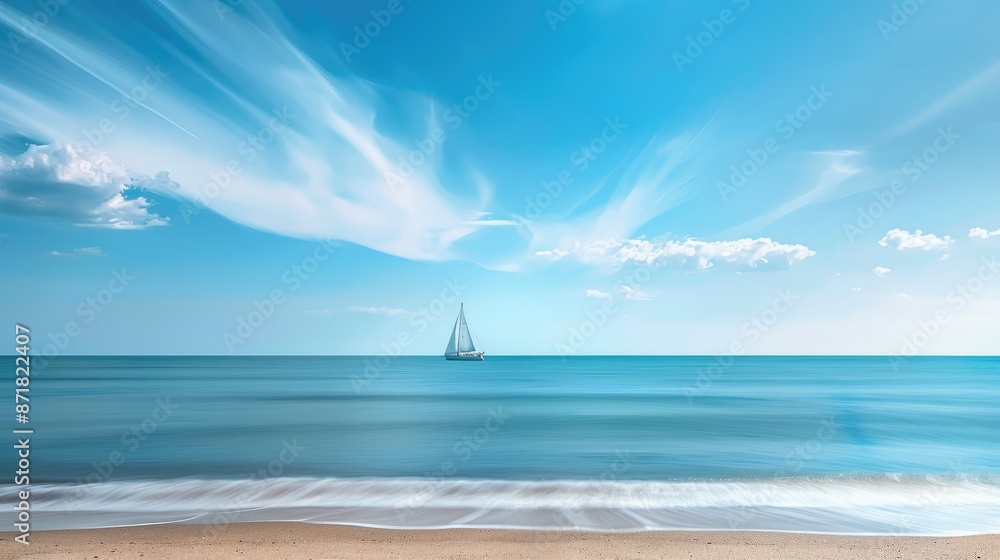 Obraz premium A calm beach with a distant sailboat and space for text.