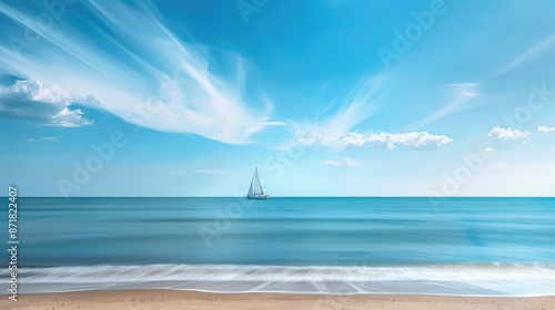 A calm beach with a distant sailboat and space for text.