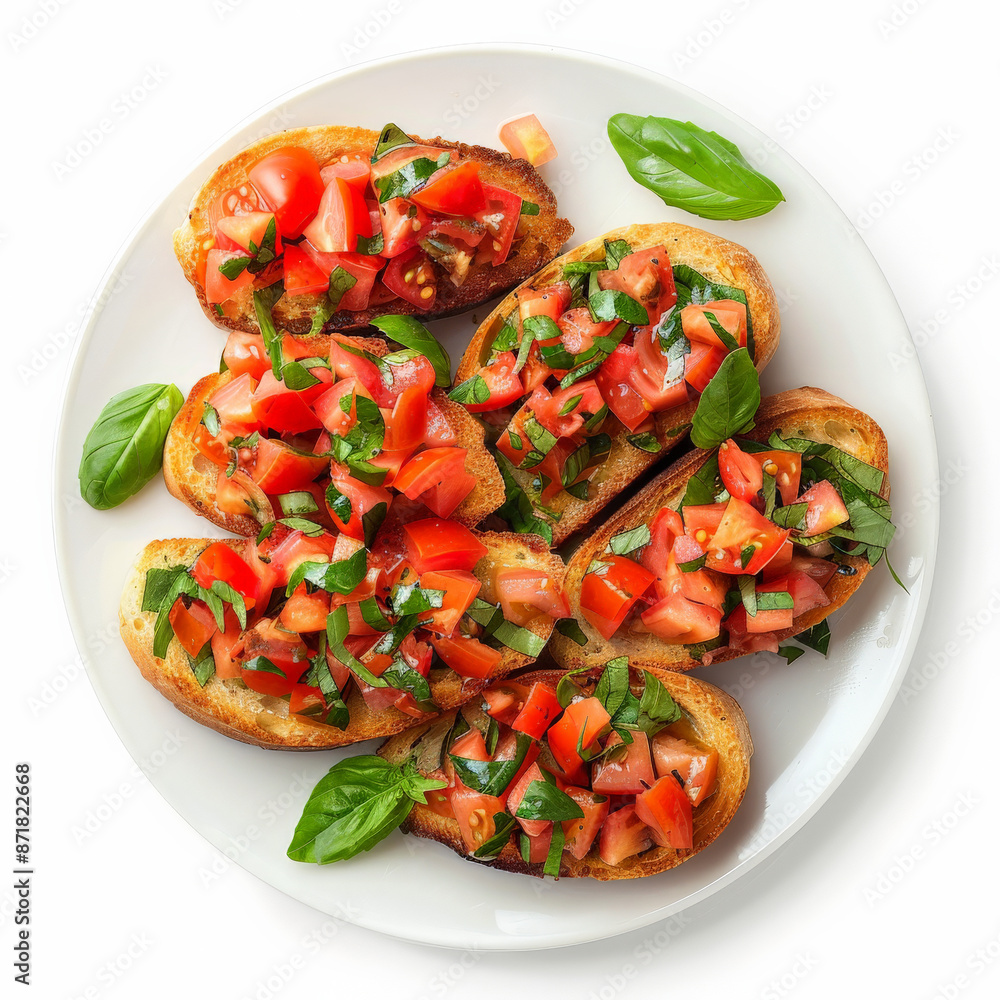 A plate of Italian bruschetta, toasted bread topped with diced tomatoes, basil, garlic, and olive oil, isolated on white background. A plate of Italian bruschetta, toasted bread topped with diced tomatoes, basil, garlic, and olive oil, isolated on white background.