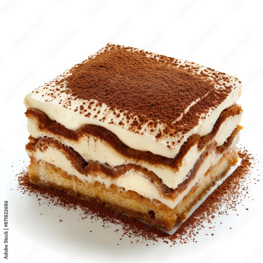 A traditional Italian tiramisu, layers of coffee-soaked ladyfingers and mascarpone cream, dusted with cocoa powder, isolated on white background. A traditional Italian tiramisu, layers of coffee-soaked ladyfingers and mascarpone cream, dusted with cocoa powder, isolated on white background.