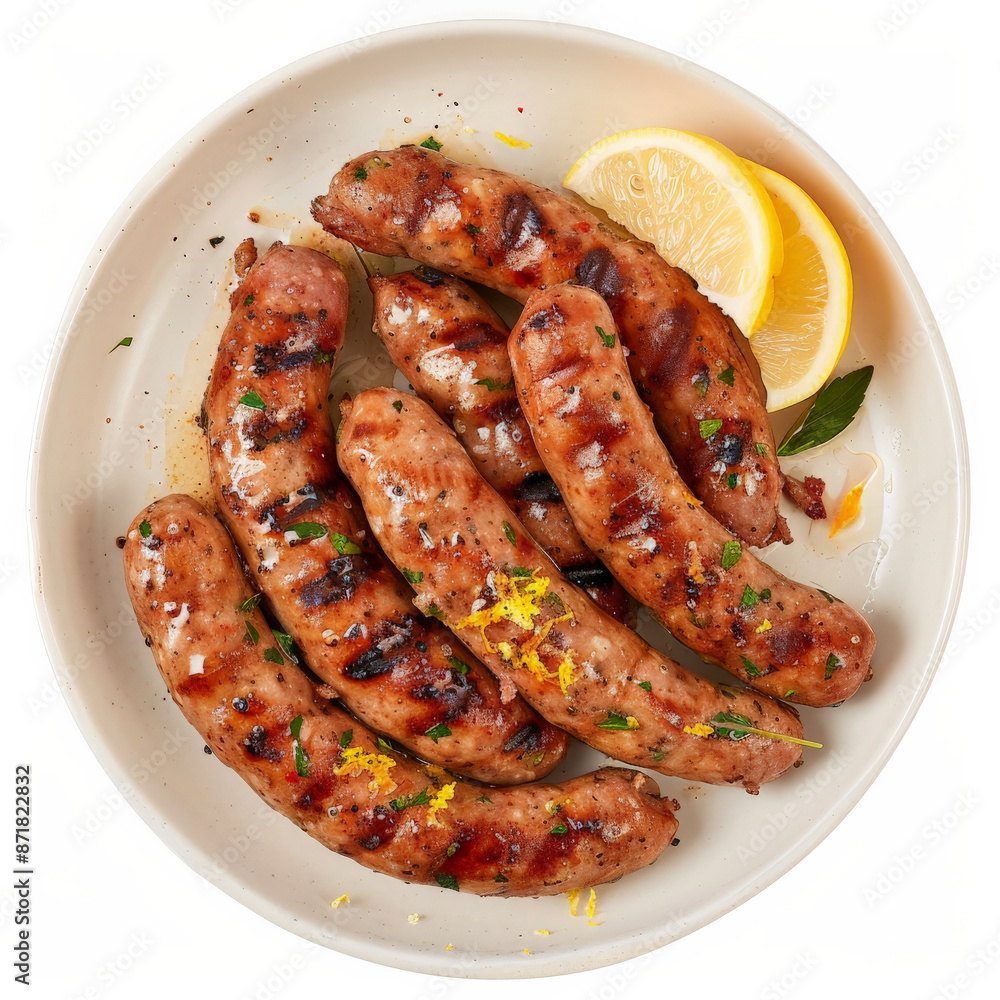 A plate of Greek loukaniko, grilled sausage flavored with orange zest and spices, served with a side of lemon wedges, isolated on white background. A plate of Greek loukaniko, grilled sausage flavored with orange zest and spices, served with a side of lemon wedges, isolated on white background.