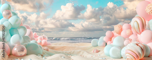 A whimsical beach podium with a backdrop of cotton candy clouds and pastel skies. Use soft, dreamy colors and playful textures like fluffy sand and smooth pebbles. photo