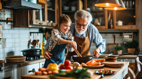 Obraz na płótnie Happy family cooking together on white kitchen. Grandpa and grandchildren cut, mix, fried and prepare dinner. Home recreation and food preparation on weekend w salonie