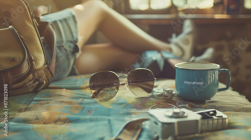 a woman wearing black sunglasses sits on a bed next to a blue coffee cup and a silver camera, with a blue handle visible in the background