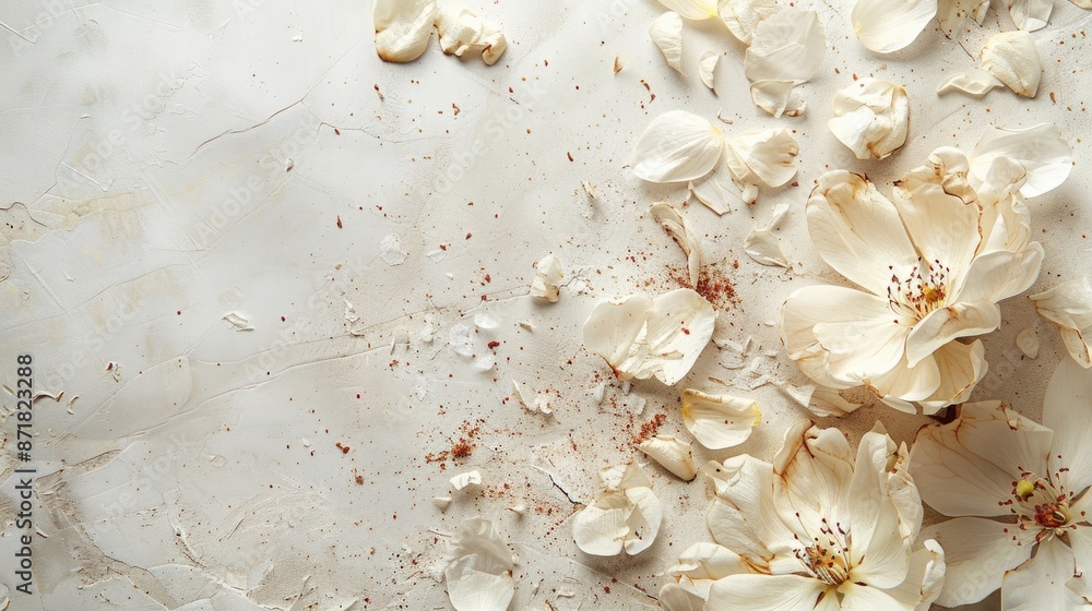 Close up of shattered flower on blank surface with room for text Close up of shattered flower on blank surface with room for text