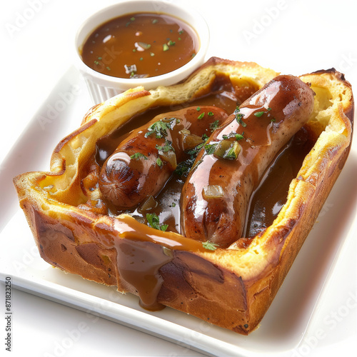 A serving of British toad in the hole, sausages baked in Yorkshire pudding batter, served with onion gravy, isolated on white background. photo