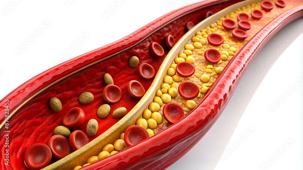 Hyperlipidemia or high cholesterol in blood vessel isolated white background