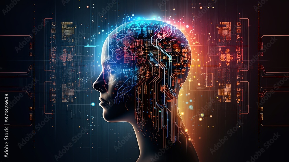 Abstract artwork of human head silhouette with circuit board design Abstract artwork of human head silhouette with circuit board design