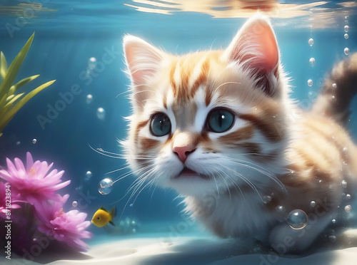 Cute little cat swims underwater. AI generated. 