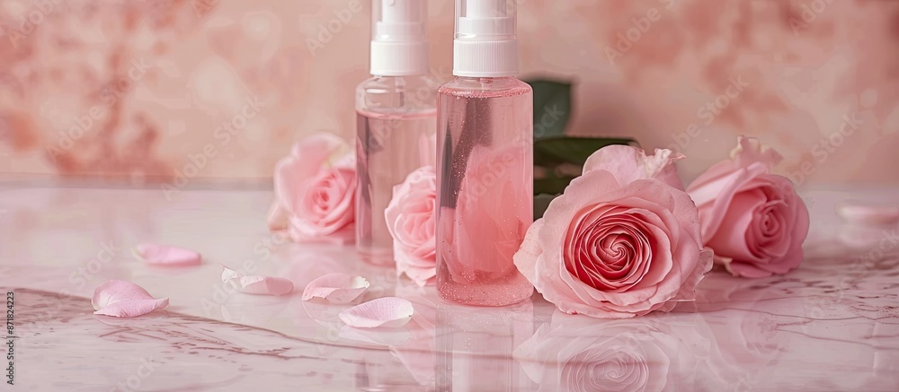 Image showcasing unlabeled liquid bottles near a stack of tiny pink roses, conveying a body care and beauty theme. High-quality photograph with available copy space. Image showcasing unlabeled liquid bottles near a stack of tiny pink roses, conveying a body care and beauty theme. High-quality photograph with available copy space.