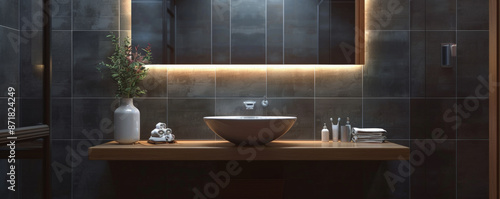 A stylish bathroom with a floating vanity and a frameless mirror, against a dark gray tile wall. The dark wall adds a touch of elegance and modernity to the space.