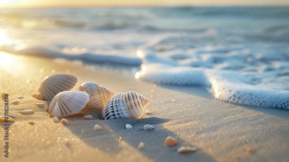 A peaceful beach with seashells scattered on the sand, space for text. A peaceful beach with seashells scattered on the sand, space for text.