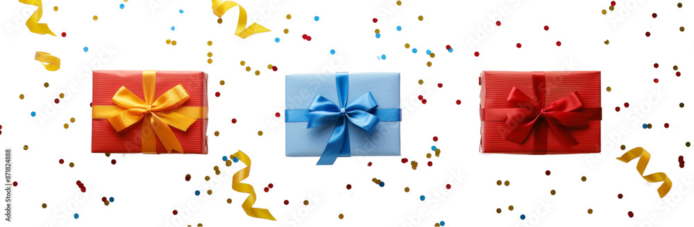 Obraz premium Vibrant Assorted Gift Boxes in Flat Layout with Bow, Ribbon, and Confetti cut out dicut PNG on transparent
