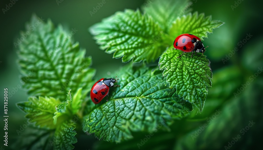 Detailed macro shot of a vibrant ladybug perched gracefully on a lush green leaf Detailed macro shot of a vibrant ladybug perched gracefully on a lush green leaf