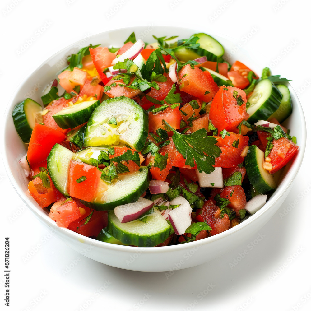 A vibrant Turkish shepherd's salad, chopped tomatoes, cucumbers, onions, and green peppers, dressed with olive oil and lemon juice, isolated on white background. A vibrant Turkish shepherd's salad, chopped tomatoes, cucumbers, onions, and green peppers, dressed with olive oil and lemon juice, isolated on white background.