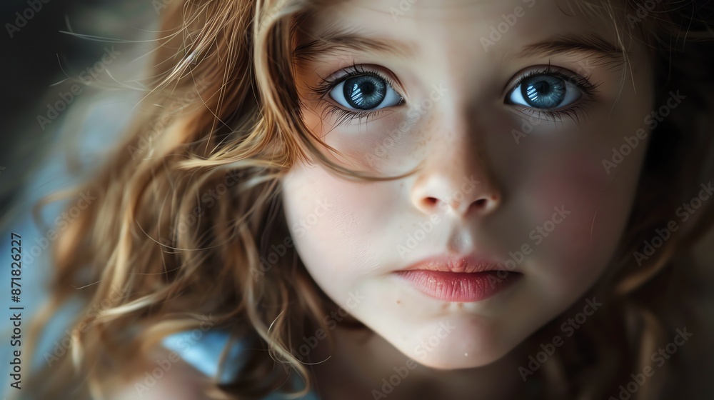 A close-up portrait of a young girl with long, curly brown hair and striking blue eyes. A close-up portrait of a young girl with long, curly brown hair and striking blue eyes.